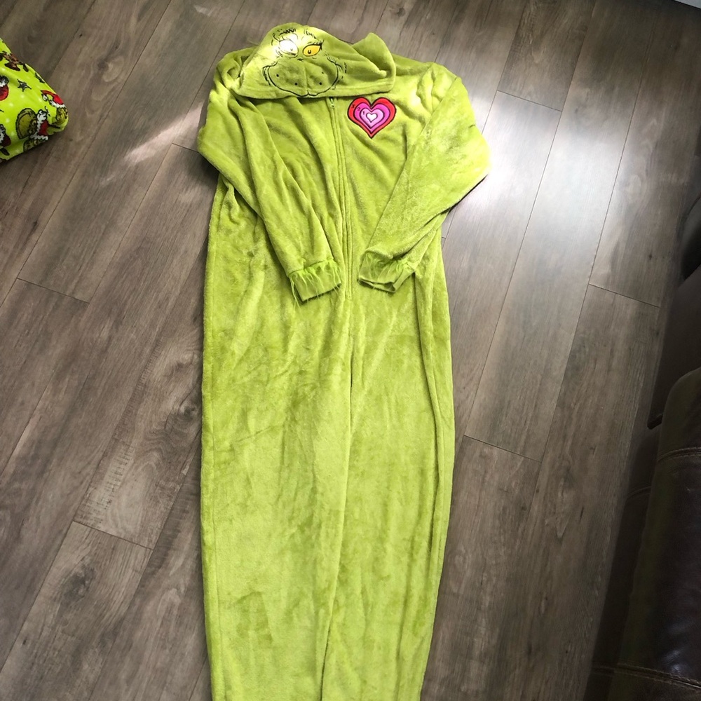Adults Green Grinch-Inspired Plush Hooded One-Piece Pajama